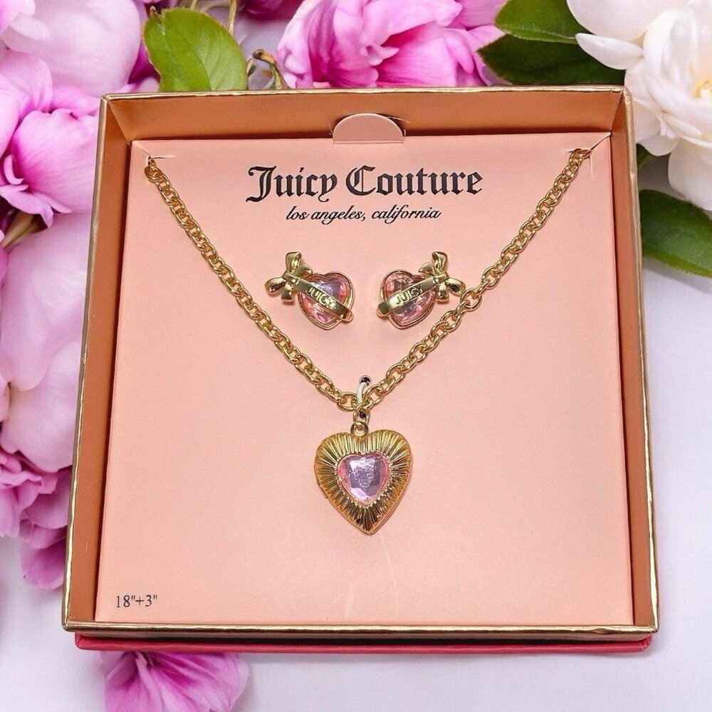 Juicy Couture Pink Gold Heart Crystal Charm Locket Necklace & Earrings Set NIB - Picture 5 of 6